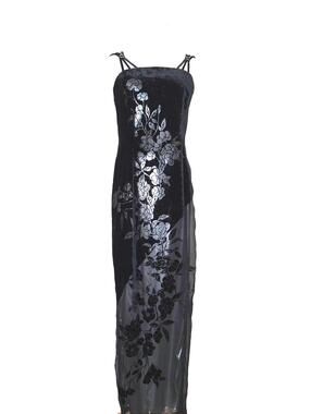 Y2K Velvet Floral Mesh Evening Gown Black Size 6